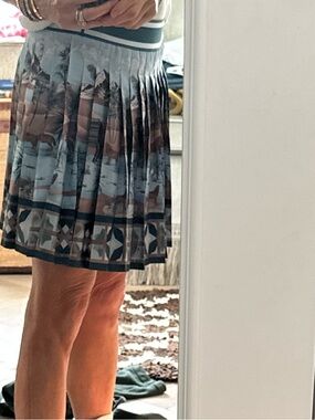 Greyson Pleated Scenic Print Skirt - Blue, Taupe & Navy